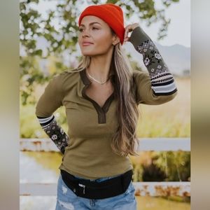 Free People Olive Green Henley with Patterned Sleeves